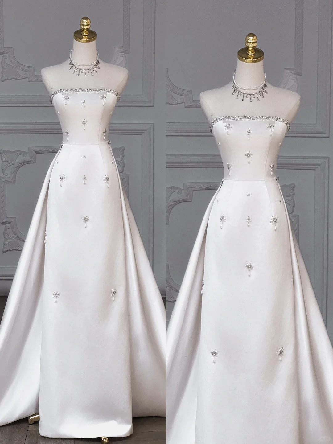 Vestido de novia modesto, sin tirantes, de satén y cuentas, largo, para verano, DP1960