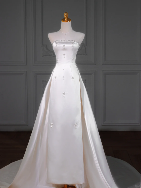 Vestido de novia modesto, sin tirantes, de satén y cuentas, largo, para verano, DP1960