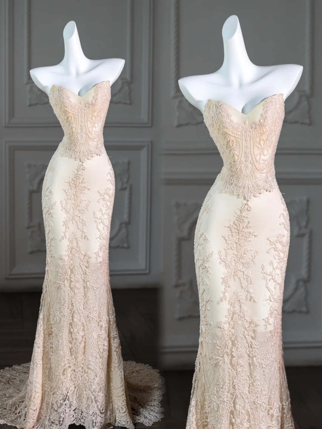Vestido de novia rústico de corte sirena con escote corazón, encaje, satén, champán, largo, DP1961