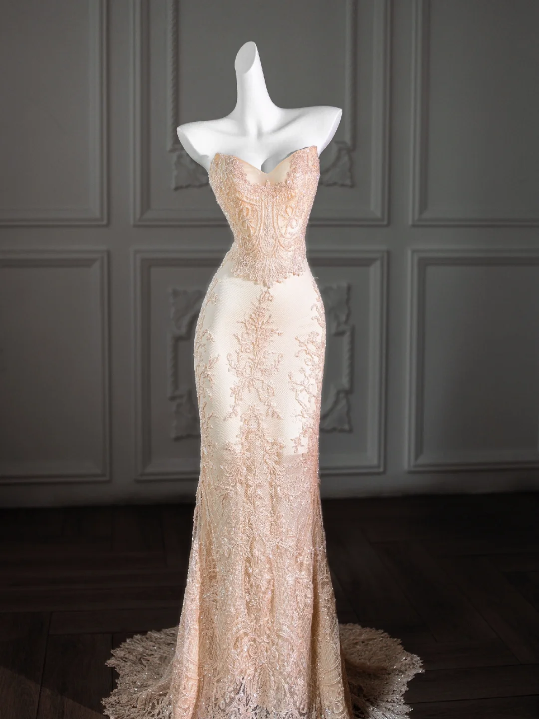 Vestido de novia rústico de corte sirena con escote corazón, encaje, satén, champán, largo, DP1961