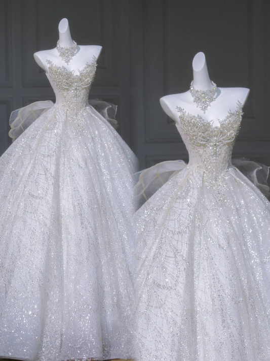 Vestido de novia modesto, largo, blanco, con escote redondo y lentejuelas, DP1968