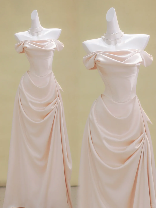 Vestidos de fiesta de satén rosa claro con hombros descubiertos y corte en A, vestidos formales de verano para invitadas de boda, trajes para invitadas de boda DP1969