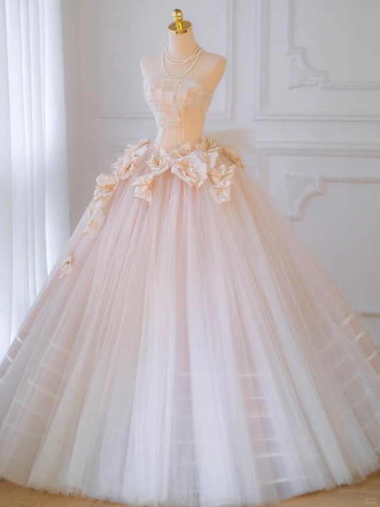 Hermoso vestido de novia largo sin tirantes de tul con flores, DP1976