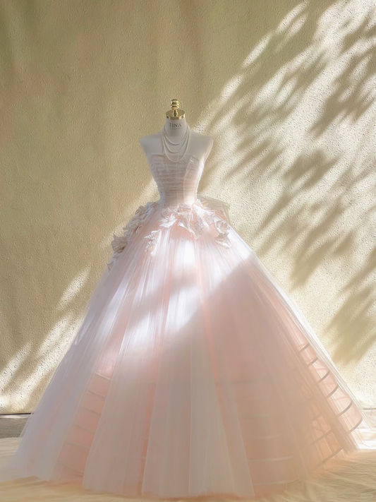 Hermoso vestido de novia largo sin tirantes de tul con flores, DP1976
