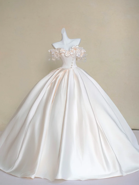 Vestido de novia modesto, vestido de fiesta con hombros descubiertos, rosa claro, satén, largo, DP1976
