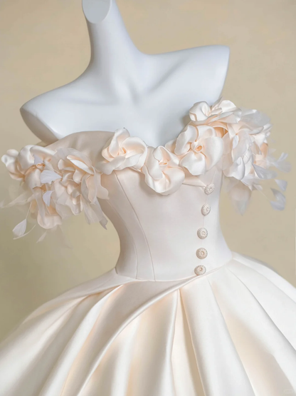 Vestido de novia modesto, vestido de fiesta con hombros descubiertos, rosa claro, satén, largo, DP1976