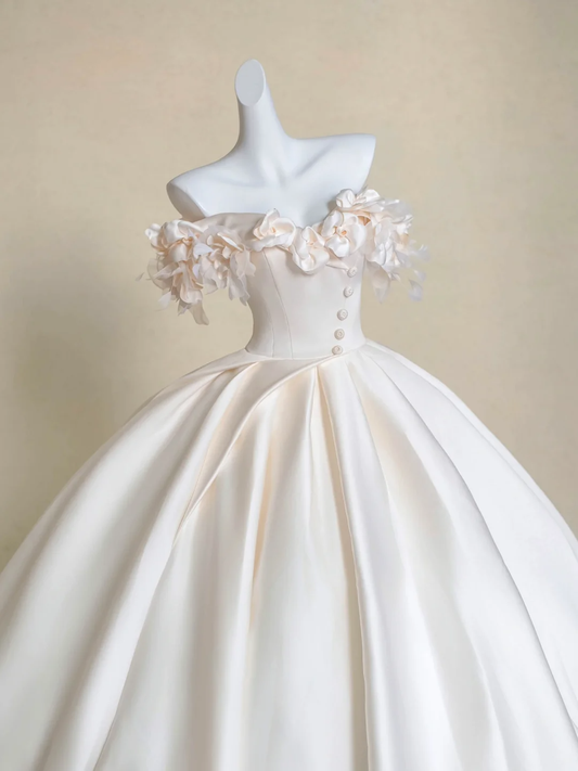 Vestido de novia modesto, vestido de fiesta con hombros descubiertos, rosa claro, satén, largo, DP1976