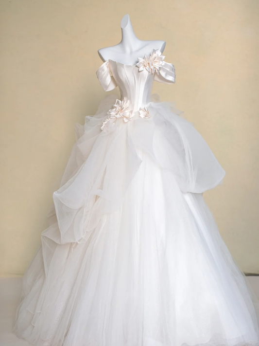 Vestido de novia modesto, vestido de fiesta con hombros descubiertos, blanco, de satén, largo, DP1978