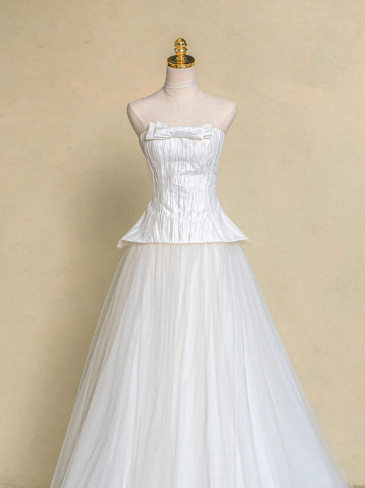 Vestido de novia rústico, largo, sin tirantes, de tul blanco, DP1979