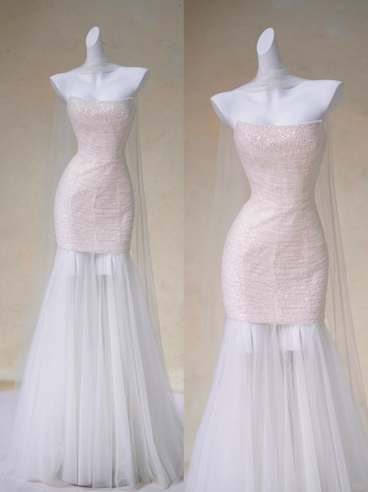 Vestido de novia rústico de sirena sin tirantes, de tul rosa, largo, DP1980