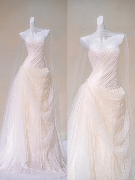 Vestido de novia rústico, largo, sin tirantes, de tul, DP1981