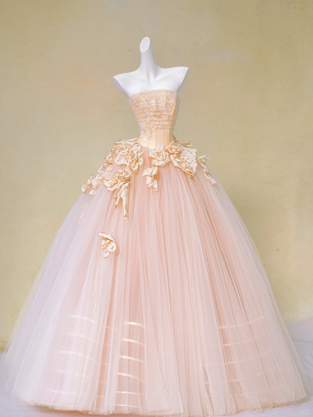 Hermoso vestido de novia largo sin tirantes de tul rosa con flores, DP1981