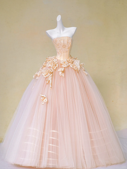 Hermoso vestido de novia largo sin tirantes de tul rosa con flores, DP1981