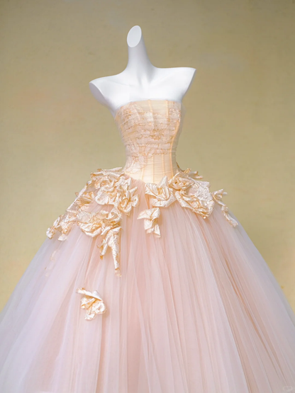 Hermoso vestido de novia largo sin tirantes de tul rosa con flores, DP1981