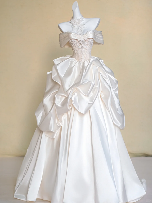 Vestido de novia modesto, vestido de fiesta con hombros descubiertos, blanco, de satén, largo, DP1982