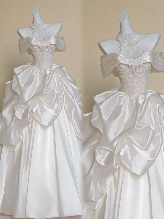 Vestido de novia modesto, vestido de fiesta con hombros descubiertos, blanco, de satén, largo, DP1982