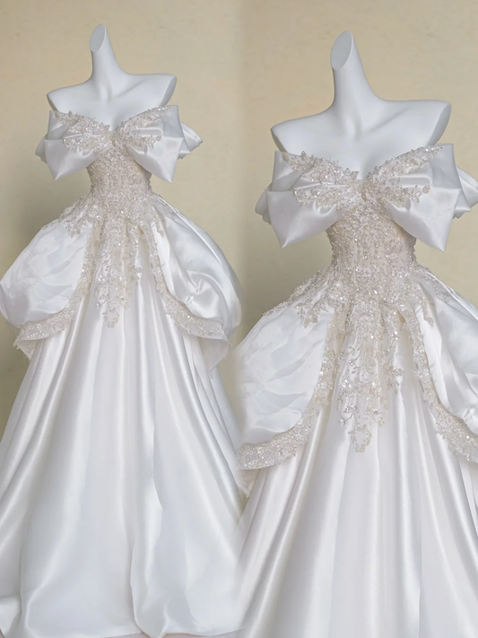 Vestido de novia modesto, vestido de fiesta con hombros descubiertos, blanco, de satén, largo, DP1983
