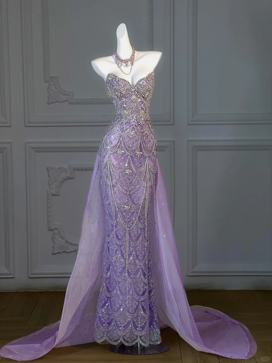 Gorgeous Mermaid Sweetheart Lilac Slit Sequin Long Prom Dress Party Dress Graduation Dresses With Cape DP1984