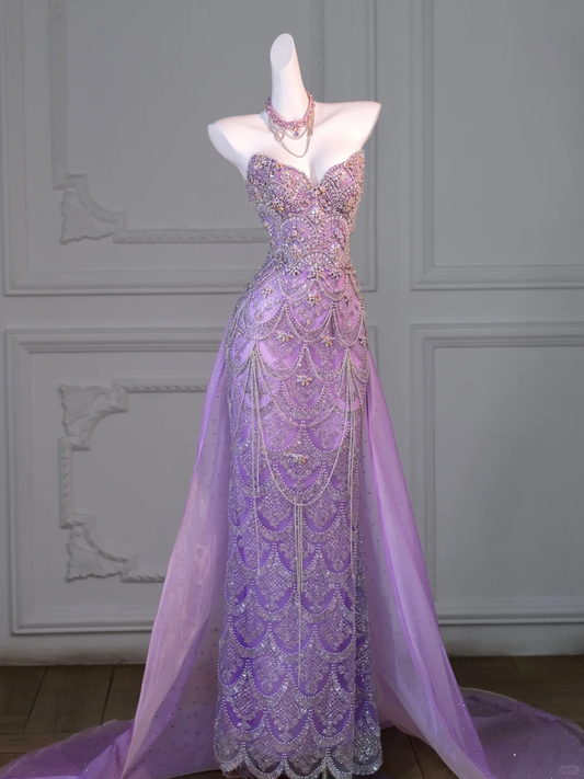 Gorgeous Mermaid Sweetheart Lilac Slit Sequin Long Prom Dress Party Dress Graduation Dresses With Cape DP1984