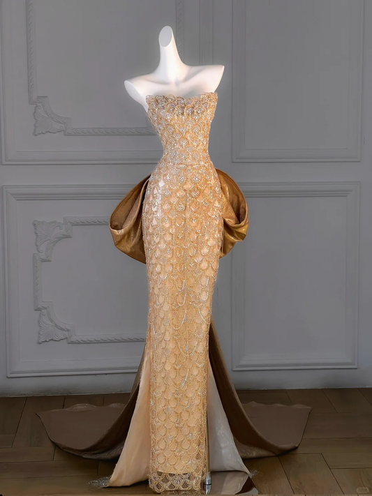 Hermoso vestido de fiesta largo de sirena con escote corazón y lentejuelas doradas, vestido de fiesta con lazo DP1985
