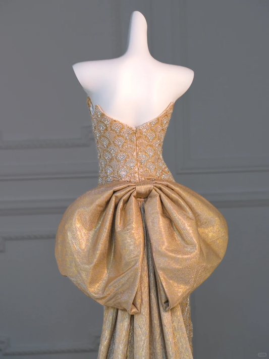 Hermoso vestido de fiesta largo de sirena con escote corazón y lentejuelas doradas, vestido de fiesta con lazo DP1985