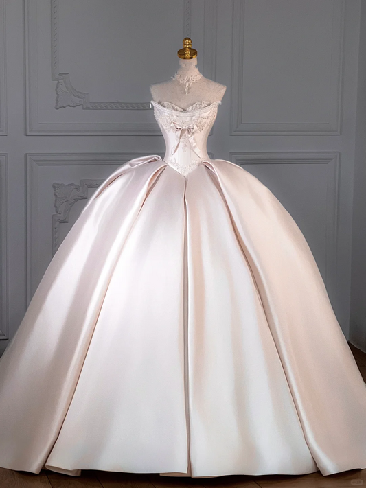 Vestido de novia rústico, corte corazón, satén, rosa claro, largo, DP1988