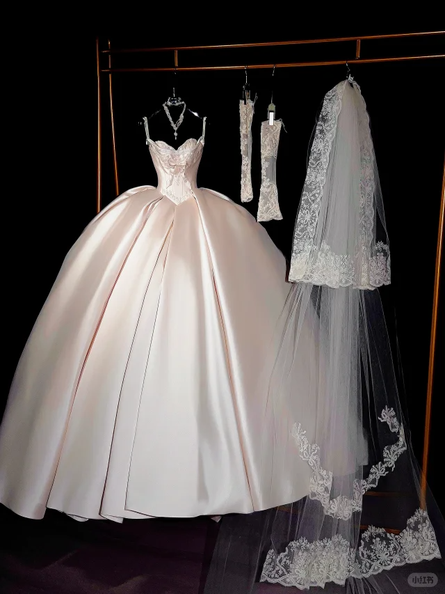Vestido de novia rústico, corte corazón, satén, rosa claro, largo, DP1988
