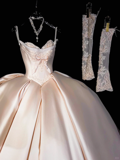 Vestido de novia rústico, corte corazón, satén, rosa claro, largo, DP1988