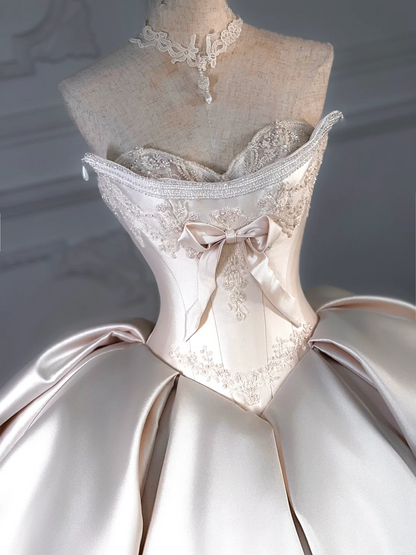 Vestido de novia rústico, corte corazón, satén, rosa claro, largo, DP1988