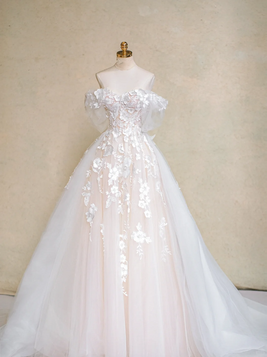 Vestido de novia modesto, vestido de fiesta, hombros descubiertos, tul, encaje, largo, DP1991