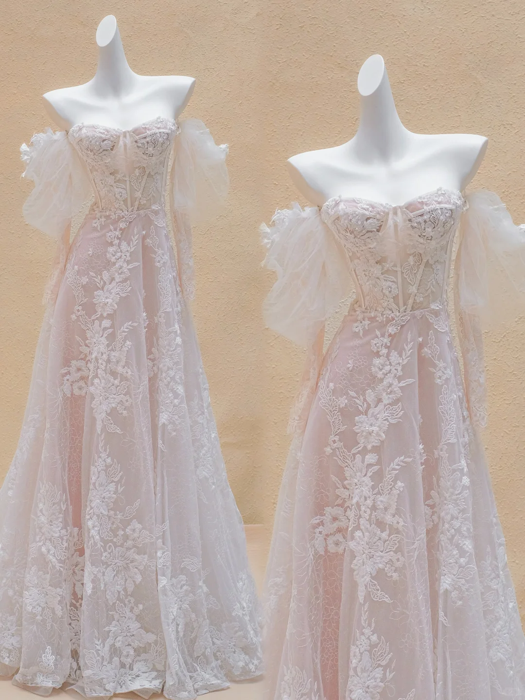 Vestido de novia modesto, vestido de fiesta, hombros descubiertos, tul, encaje, largo, DP1995