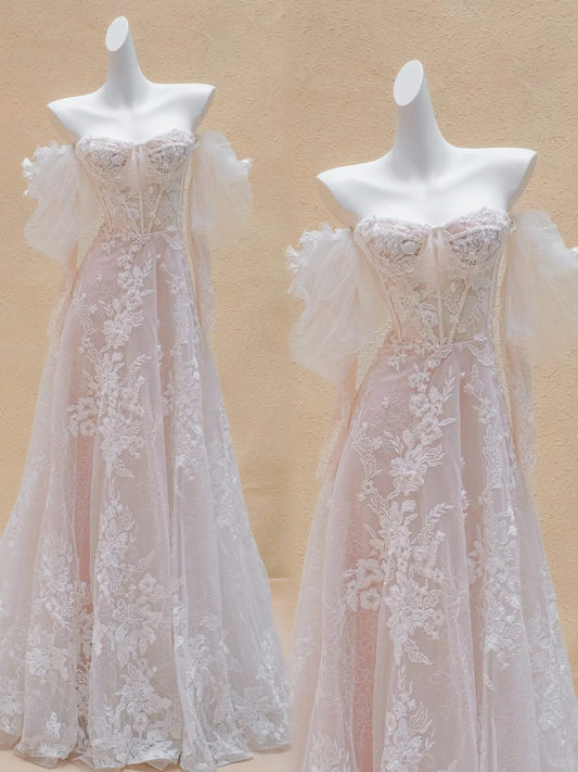 Vestido de novia modesto, vestido de fiesta, hombros descubiertos, tul, encaje, largo, DP1995
