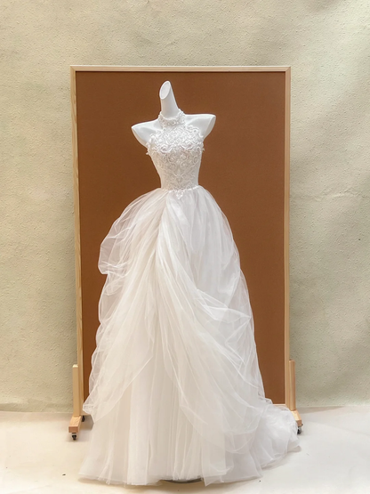 Vestido de novia modesto, vestido de fiesta, cuello alto, encaje, largo, blanco, para novias, DP1953