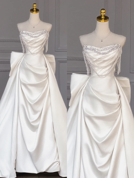Hermoso vestido de novia largo, sin tirantes, de satén color marfil, DP1858