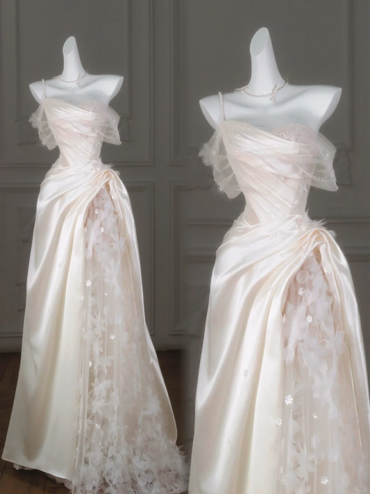 Vestido de novia modesto de corte A, un hombro, color marfil, con encaje, largo, DP2007
