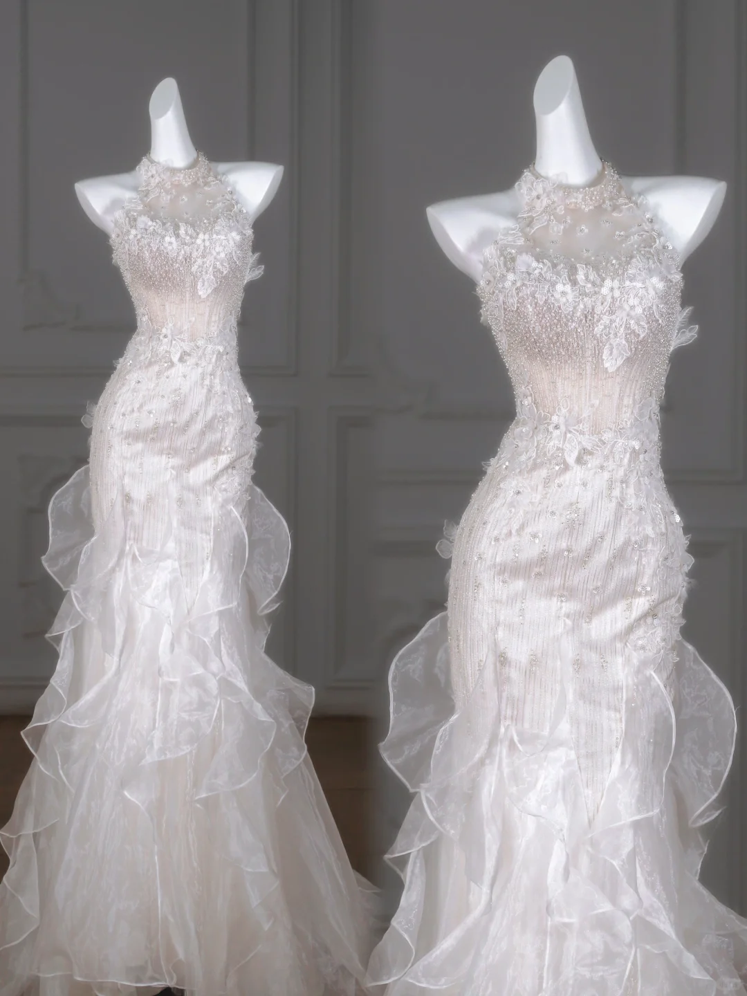 Vestido de novia rústico de sirena, cuello alto, encaje blanco, tul, largo, DP2019