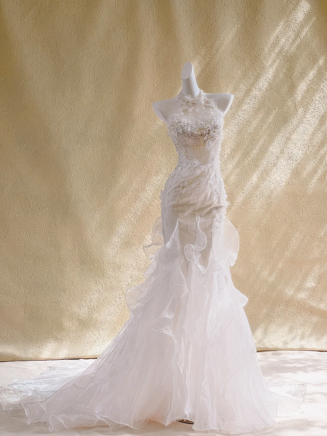 Vestido de novia rústico de sirena, cuello alto, encaje blanco, tul, largo, DP2019