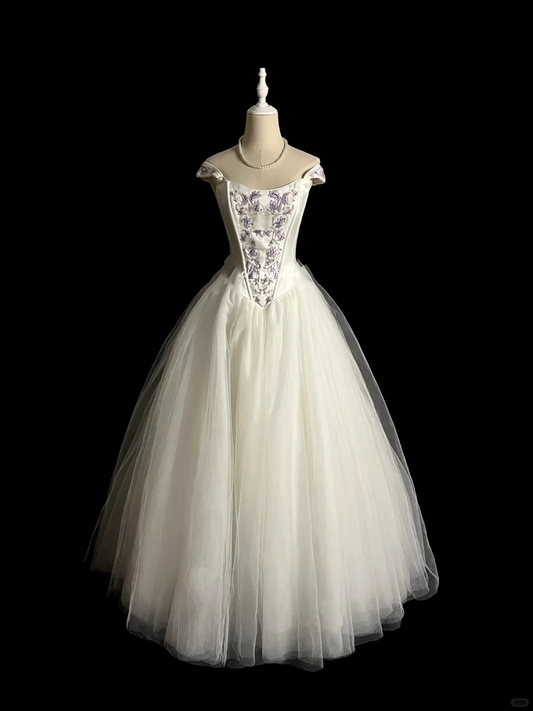 Vestido de noche largo vintage de tul blanco con hombros descubiertos, vestido de noche formal, DP2024