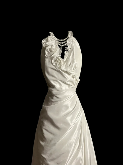 Vestido de novia vintage de corte A, estilo halter, blanco, de satén, largo, DP2035