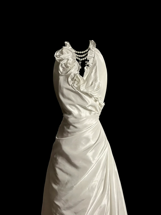 Vestido de novia vintage de corte A, estilo halter, blanco, de satén, largo, DP2035
