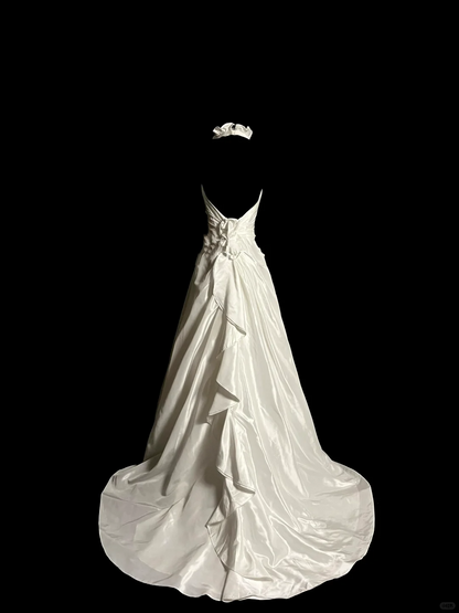 Vestido de novia vintage de corte A, estilo halter, blanco, de satén, largo, DP2035