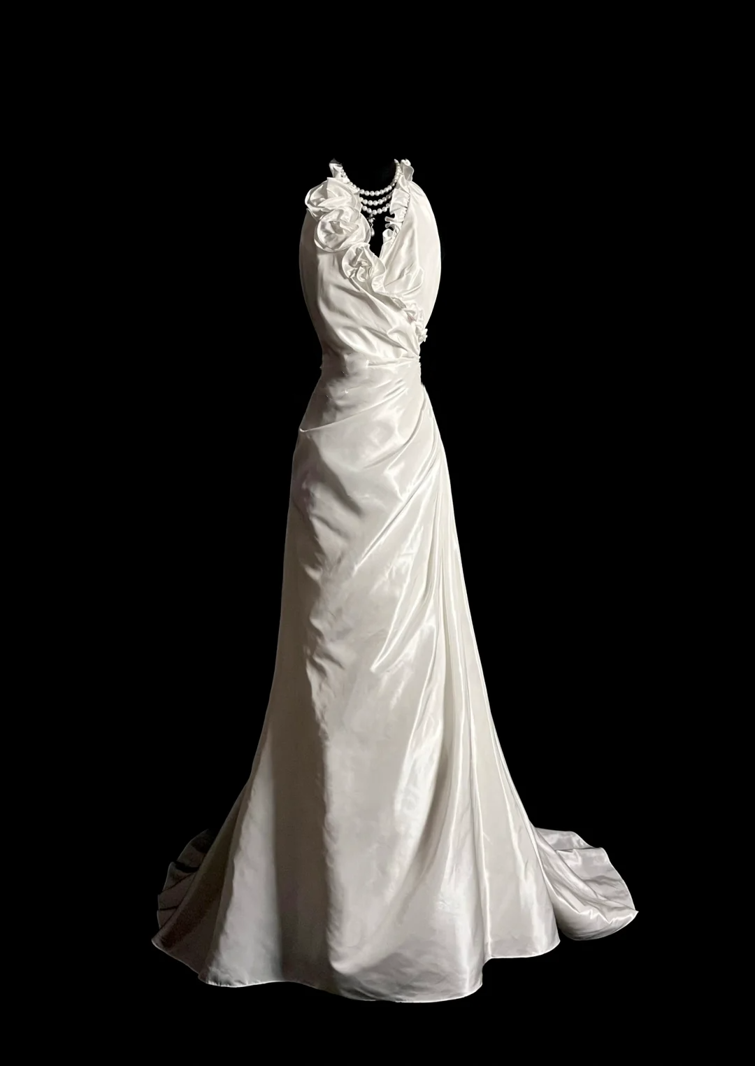 Vestido de novia vintage de corte A, estilo halter, blanco, de satén, largo, DP2035