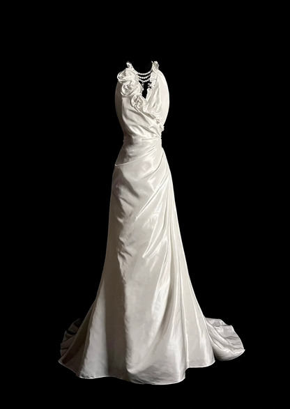 Vestido de novia vintage de corte A, estilo halter, blanco, de satén, largo, DP2035