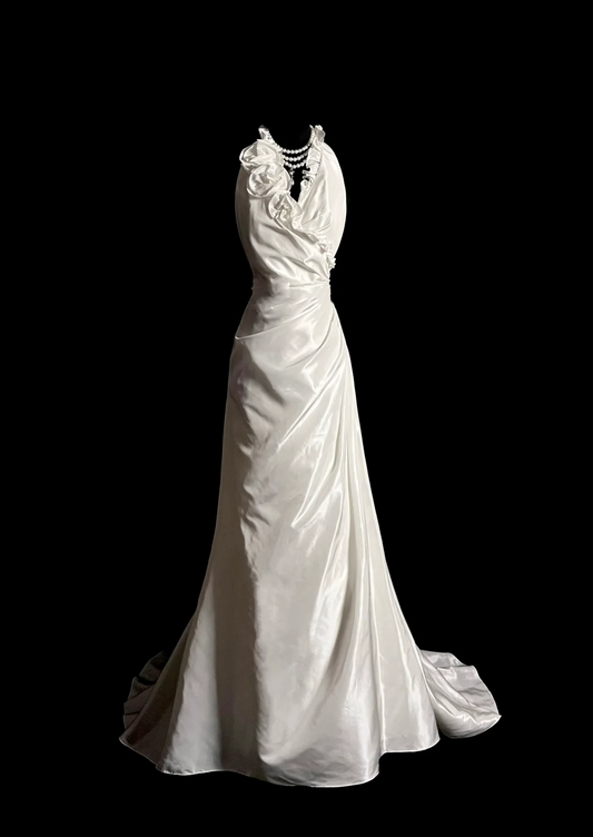 Vestido de novia vintage de corte A, estilo halter, blanco, de satén, largo, DP2035