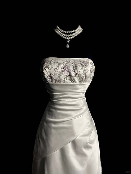 Vestido de novia vintage de corte A, sin tirantes, de satén blanco, largo, estilo retro de los años 70, DP2039