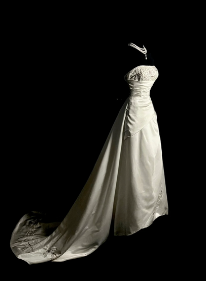 Vestido de novia vintage de corte A, sin tirantes, de satén blanco, largo, estilo retro de los años 70, DP2039