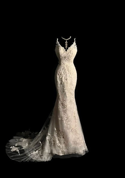 Vestido de novia vintage estilo sirena con tirantes finos y encaje blanco, largo, estilo bohemio, estilo retro de los años 70, DP2040