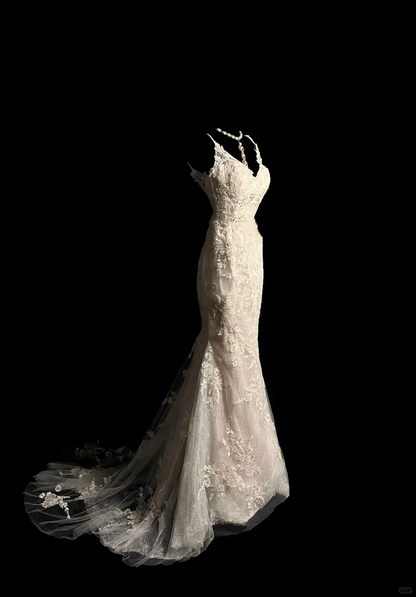 Vestido de novia vintage estilo sirena con tirantes finos y encaje blanco, largo, estilo bohemio, estilo retro de los años 70, DP2040