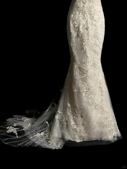 Vestido de novia vintage estilo sirena con tirantes finos y encaje blanco, largo, estilo bohemio, estilo retro de los años 70, DP2040