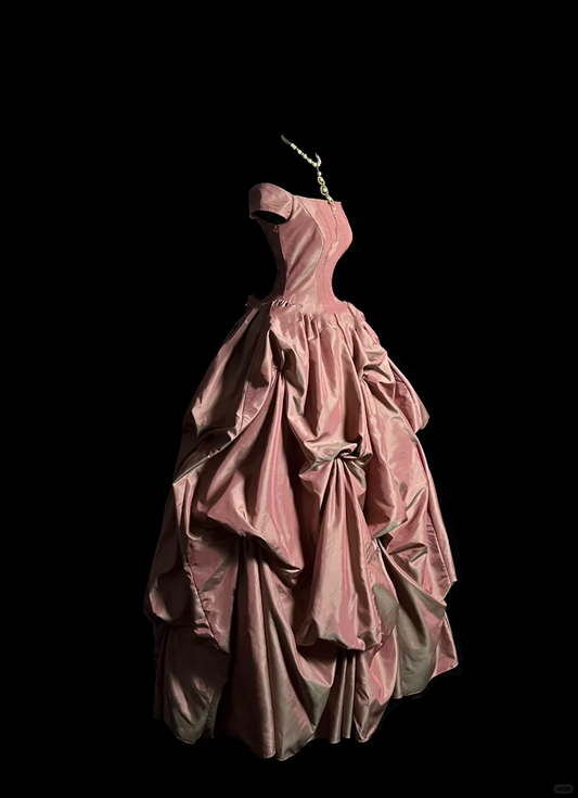 Vestido de fiesta modesto de tafetán rosa con hombros descubiertos, largo, para fiesta de graduación, para quinceañeras, DP2041